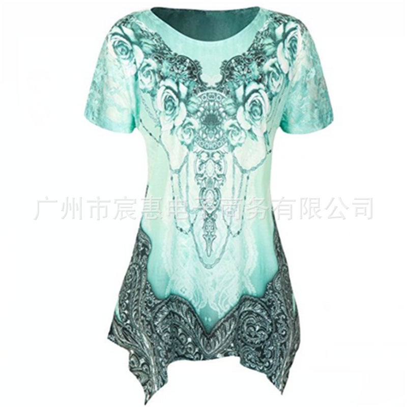 AliExpress wish 2022 new European and American women's clothing printing short-sleeved T-shirt large size irregular top women purple XXXXL - Image 4