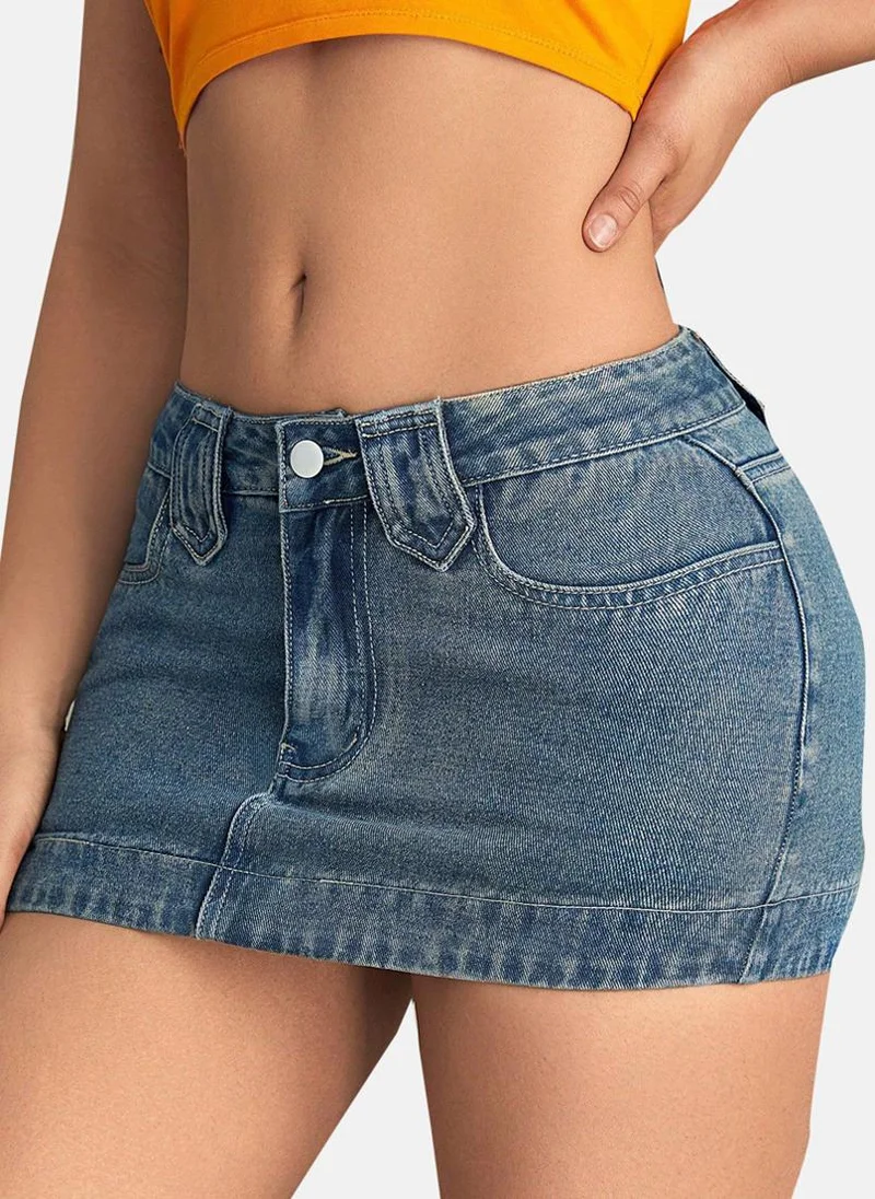 يونيكي Blue Solid Denim Mini Skirt