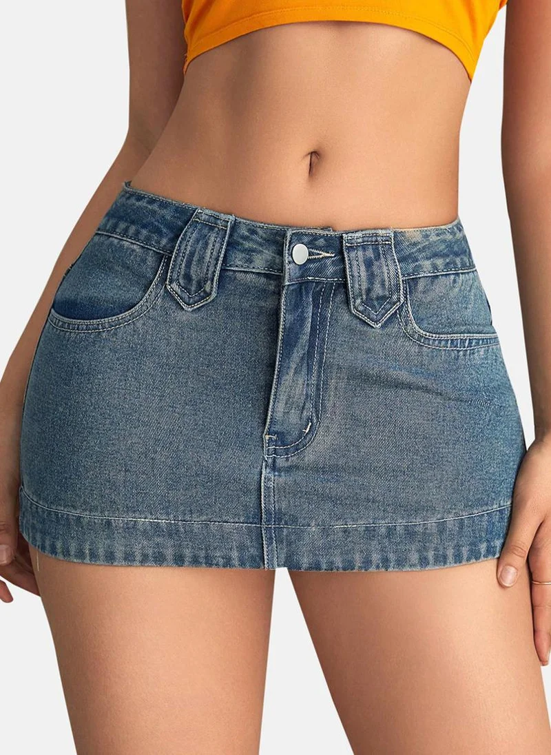 يونيكي Blue Solid Denim Mini Skirt