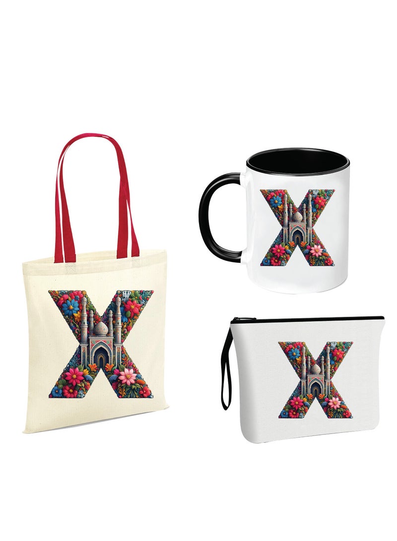 PRINTSHOP4ME Pack of 3 Initial Monogram Gift Set - Black Coffee Mug, Cosmetic Bag and Cotton Tote bag Set - Gift Set for Her - Perfect for Ramadan, School, Travel and Birthday Gift - Image 1