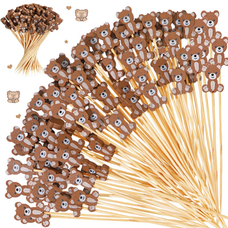 Tioncy 100 Pcs Bear Cocktail Picks 47 Inch Bear Cocktail Toothpicks for Appetizers Decorative Bamboo Skewers Party Decorations Fruit Food Picks for Party Supplies