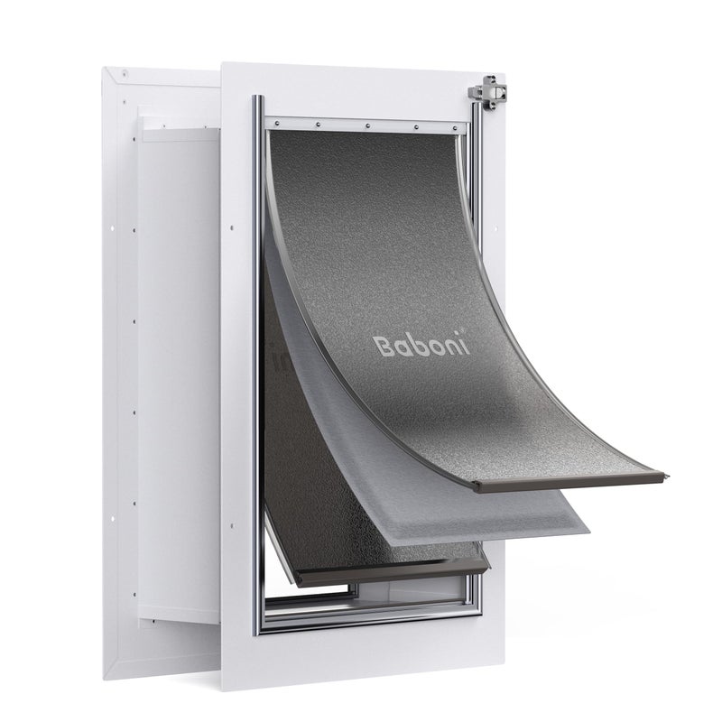 Baboni Pet Door for Wall,3-Flap,Steel Frame and Telescoping Tunnel, Aluminum Lock, Double Flap Dog Door and Cat Door, Strong and Durable (Pets Up to 100 Lb) -Large - Image 1