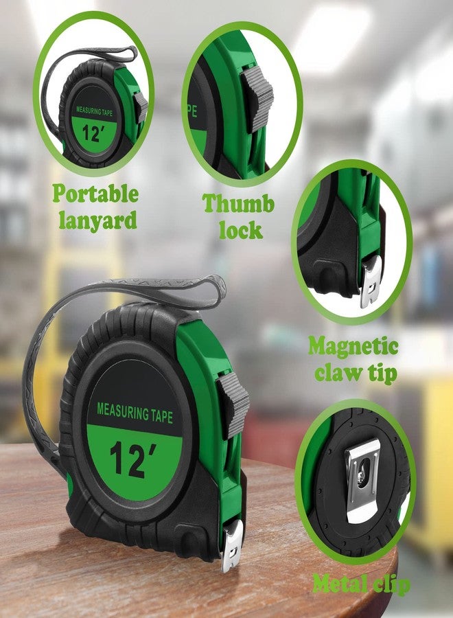 Xinnun 20 Pieces Tape Measures Bulk 12 FT Green Retractable Measuring Tapes Small Easy Read Measurement with Pause Buttons for Adults Engineer Contractors Decorator, Standard Inches and Metric - Image 3
