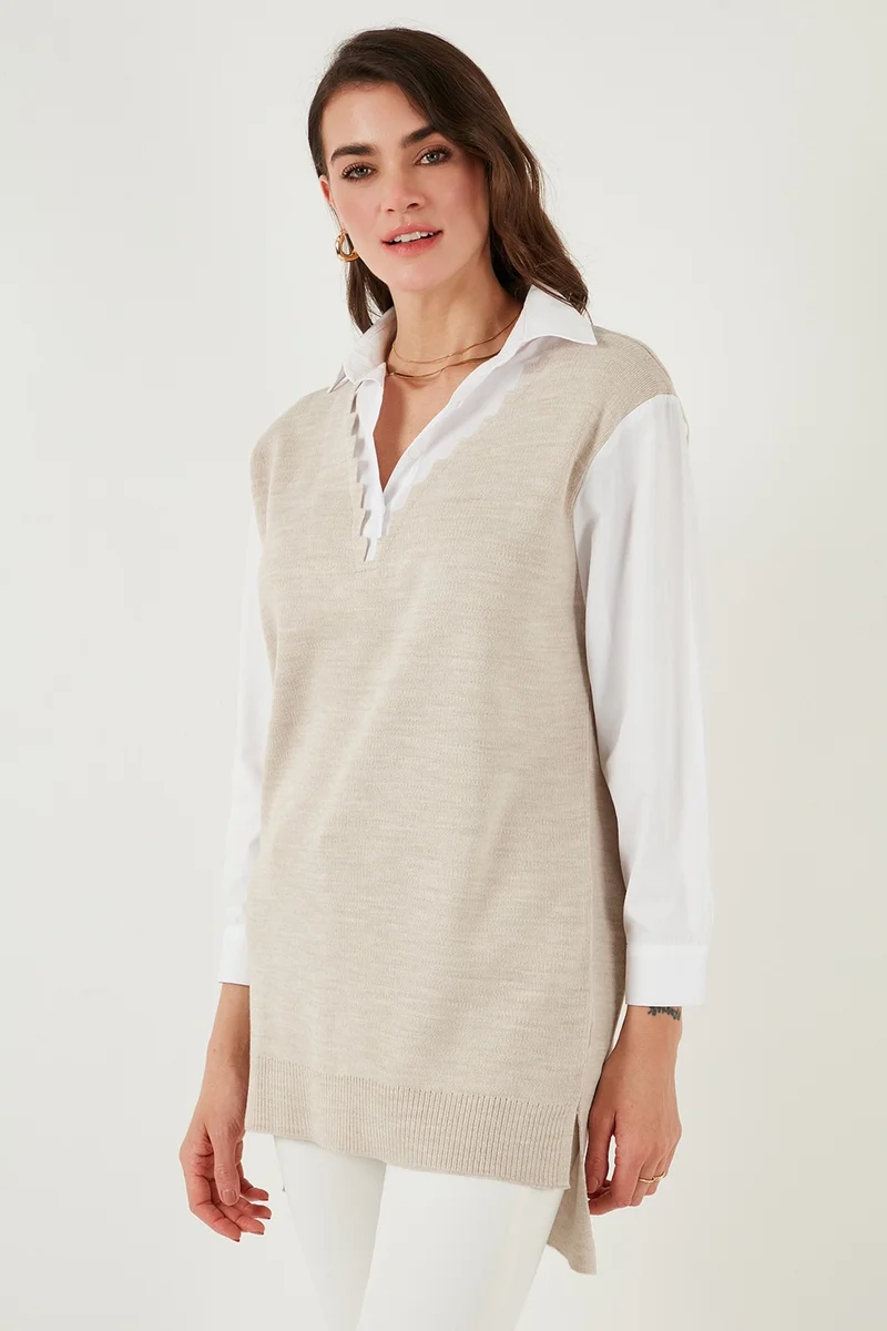 ليلا Modest Standard Fit Shirt Collar Hijab Knitwear Tunic Women's TUNIC 4612148
