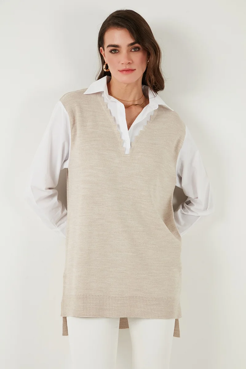 ليلا Modest Standard Fit Shirt Collar Hijab Knitwear Tunic Women's TUNIC 4612148