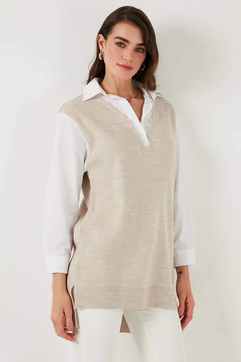 ليلا Modest Standard Fit Shirt Collar Hijab Knitwear Tunic Women's TUNIC 4612148