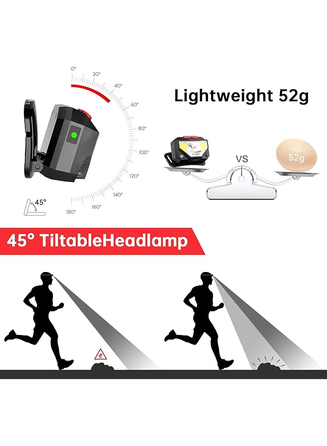 SKY-TOUCH 2 Pack Rechargeable Headlamp Flashlight 800 Lumens Motion Sensor Head Lamp Ipx4 Waterproof Bright White Cree Led & Red Light Perfect For Running Camping Hiking & More - Image 4