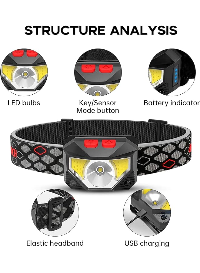 SKY-TOUCH 2 Pack Rechargeable Headlamp Flashlight 800 Lumens Motion Sensor Head Lamp Ipx4 Waterproof Bright White Cree Led & Red Light Perfect For Running Camping Hiking & More - Image 2