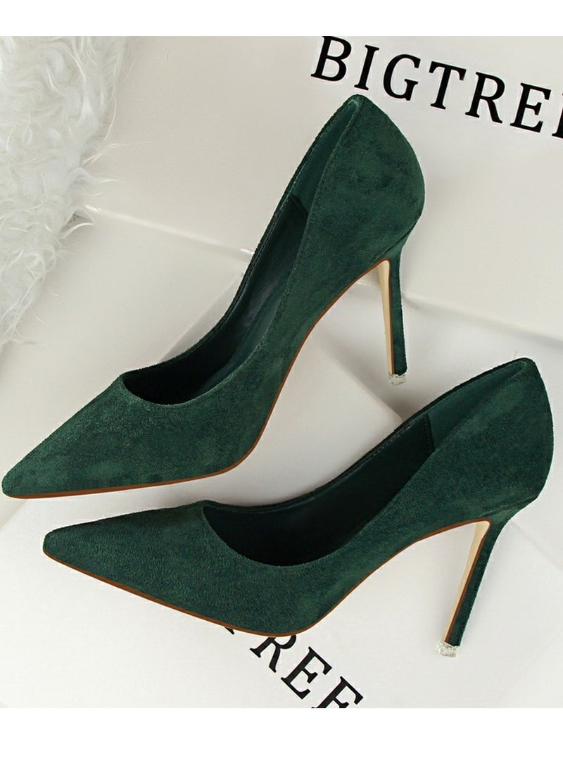 بيج تري Women's Elegant Coral Velvet Stiletto Pumps 9 CM Fashion Gorgeous Closed Pointed Toe Slip On Solid High Heels Blackish Green - Image 3