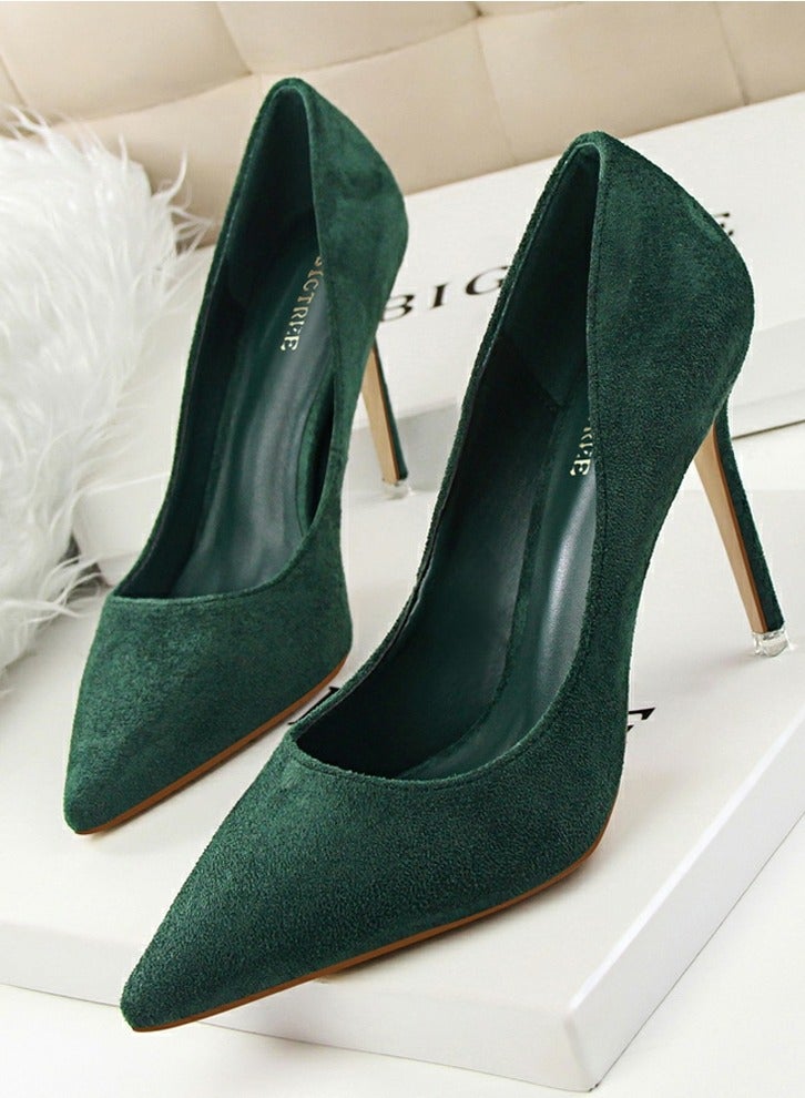بيج تري Women's Elegant Coral Velvet Stiletto Pumps 9 CM Fashion Gorgeous Closed Pointed Toe Slip On Solid High Heels Blackish Green - Image 1