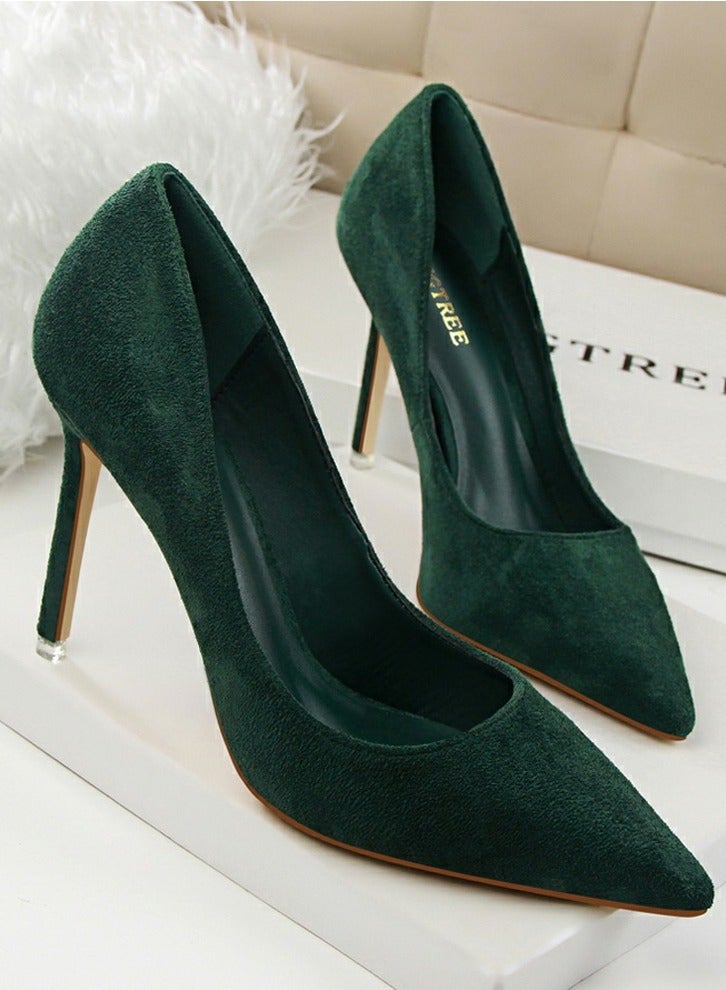 بيج تري Women's Elegant Coral Velvet Stiletto Pumps 9 CM Fashion Gorgeous Closed Pointed Toe Slip On Solid High Heels Blackish Green - Image 2