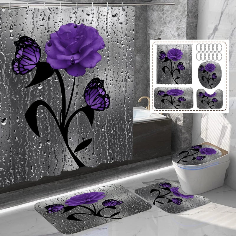 Bluejw Floral Pattern Fabric Bath Rug Set 4-Piece Shower Curtain and Bath Mat for Bathroom - Image 4