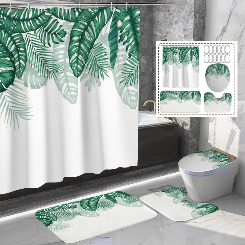 Bluejw Floral Pattern Fabric Bath Rug Set 4-Piece Shower Curtain and Bath Mat for Bathroom - Image 3