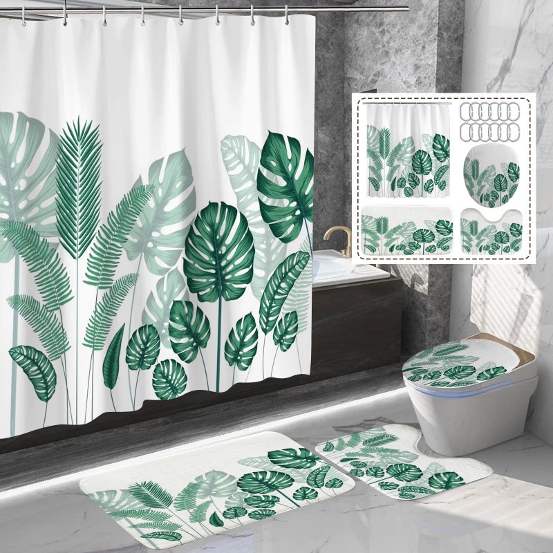 Bluejw Floral Pattern Fabric Bath Rug Set 4-Piece Shower Curtain and Bath Mat for Bathroom - Image 2