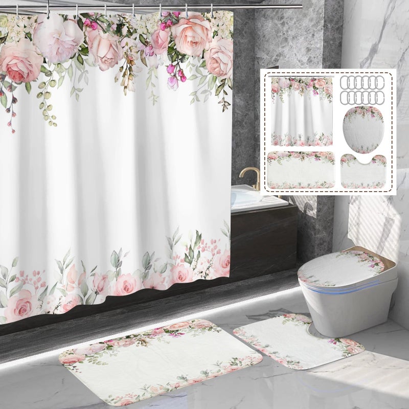 Bluejw Floral Pattern Fabric Bath Rug Set 4-Piece Shower Curtain and Bath Mat for Bathroom - Image 1