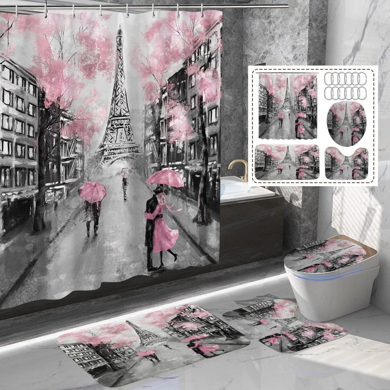 Bluejw Floral Pattern Fabric Bath Rug Set 4-Piece Shower Curtain and Bath Mat for Bathroom - Image 5