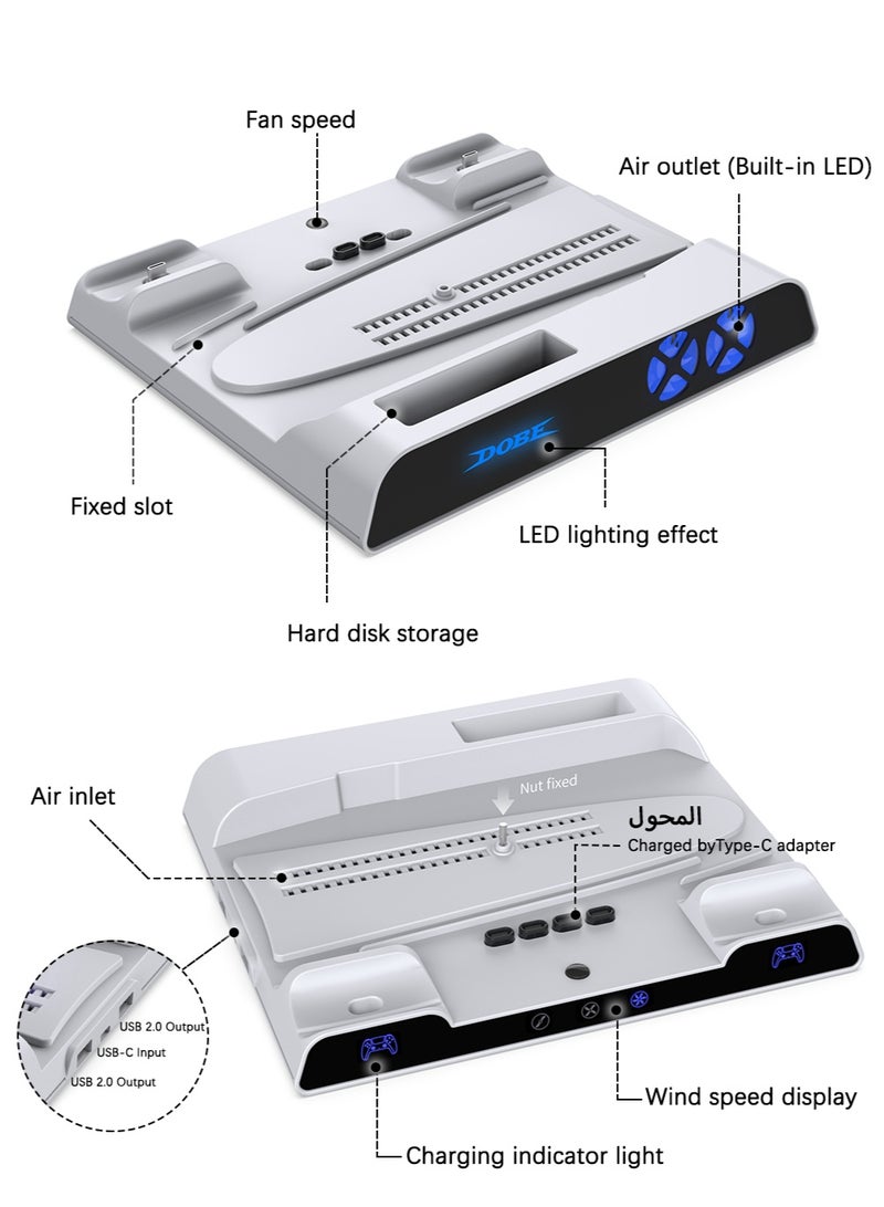دوبي محطة تبريد PS5 مع قاعدة تبريد متعددة الوظائف لشحن وحدة التحكم المزدوجة لقاعدة تبريد متعددة الوظائف لجهاز PS5، PS5 Slim، PS5 Pro، ملحقات PS5 بما في ذلك شاحن وحدة التحكم، مروحة تبريد، ملحقات PlayStation 5 Slim تتضمن أضواء RGB وخطاف سماعة رأس، مروحة صامتة 3 مستويات، 4 شاحن بواسطة محول من النوع C - Image 4