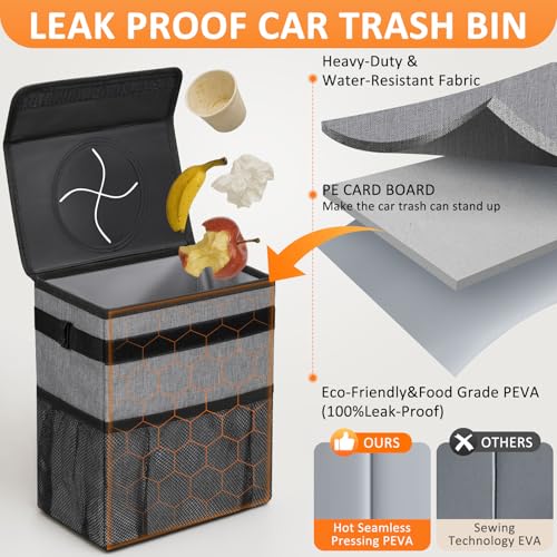 Vankor Car Trash Can for Car Cute, Bag Bin Hanging Waterproof Automotive Garbage Cans Leak Proof Vehicle Trash Can Grey - Image 3