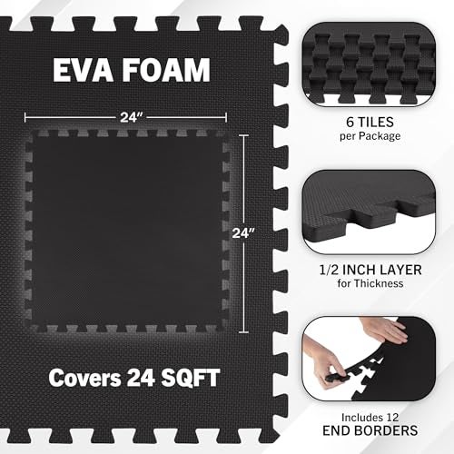 Stalwart بلاط حصير فوم EVA 6-pack - 24 قدم مربع من التبطين المتداخل لمرآب السيارات، غرفة اللعب، أو أرضيات الصالة الرياضية - حصيرة تمارين أو حصيرة لعب للأطفال من ستالوارث (أسود) - Image 2