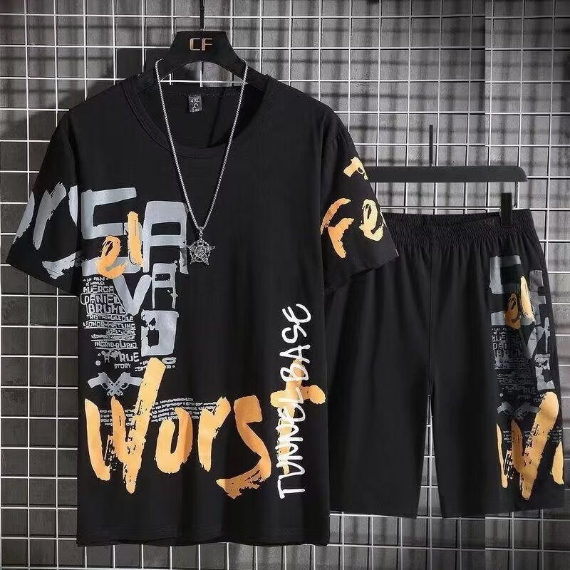 Casual Shorts suit Mens Printed Short-sleeved T-shirt Mens All-match Sports Shorts Fashionable Mens Summer Two-piece Set black suit - Image 1