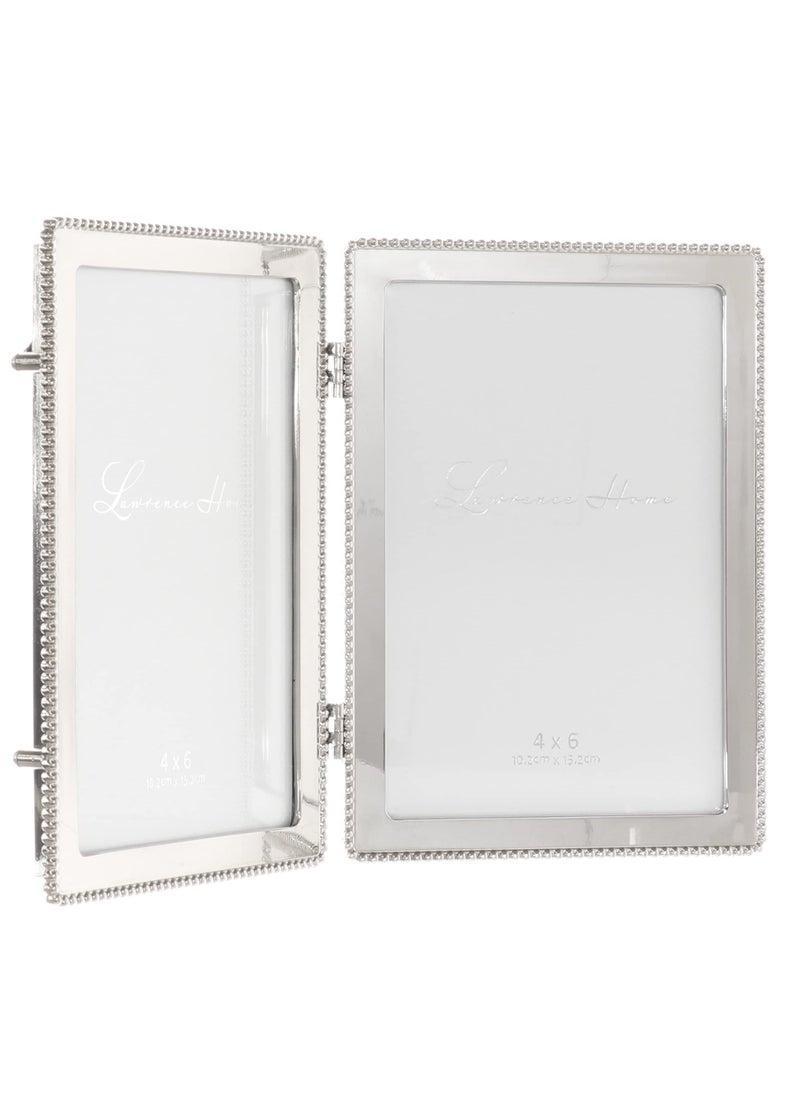 Lawrence Frames 4x6 Hinged Double Cast Metal Picture Frames  Silver Classic Bead Design  - Image 2