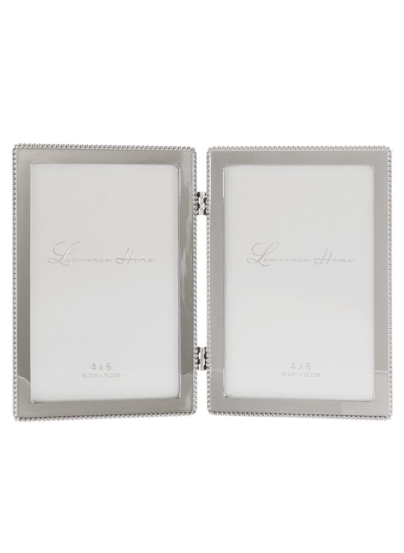 Lawrence Frames 4x6 Hinged Double Cast Metal Picture Frames  Silver Classic Bead Design  - Image 1