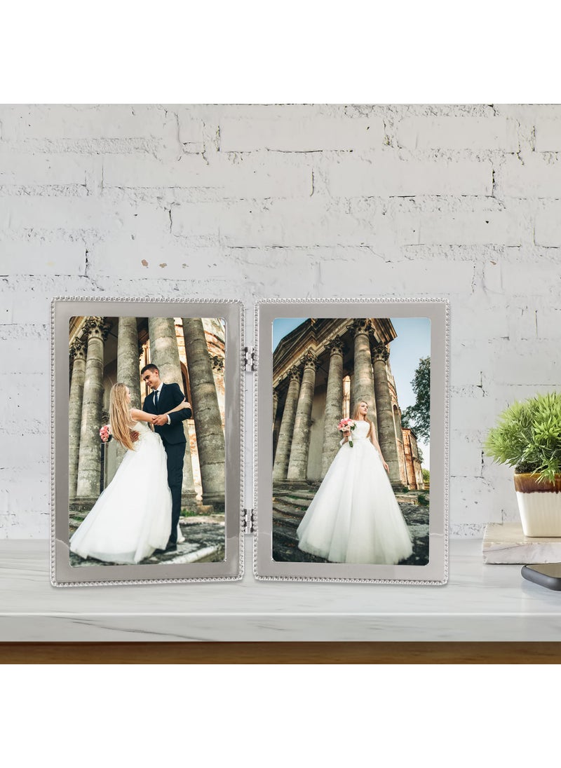 Lawrence Frames 4x6 Hinged Double Cast Metal Picture Frames  Silver Classic Bead Design  - Image 3