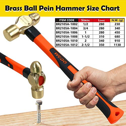 WEDO Brass Ball Peen Hammer 32 oz2lb Ball Pein Hammer with Fiberglass Handle Length 340mm13 DieForged Corrosion Resistant DIN Standard - Image 3