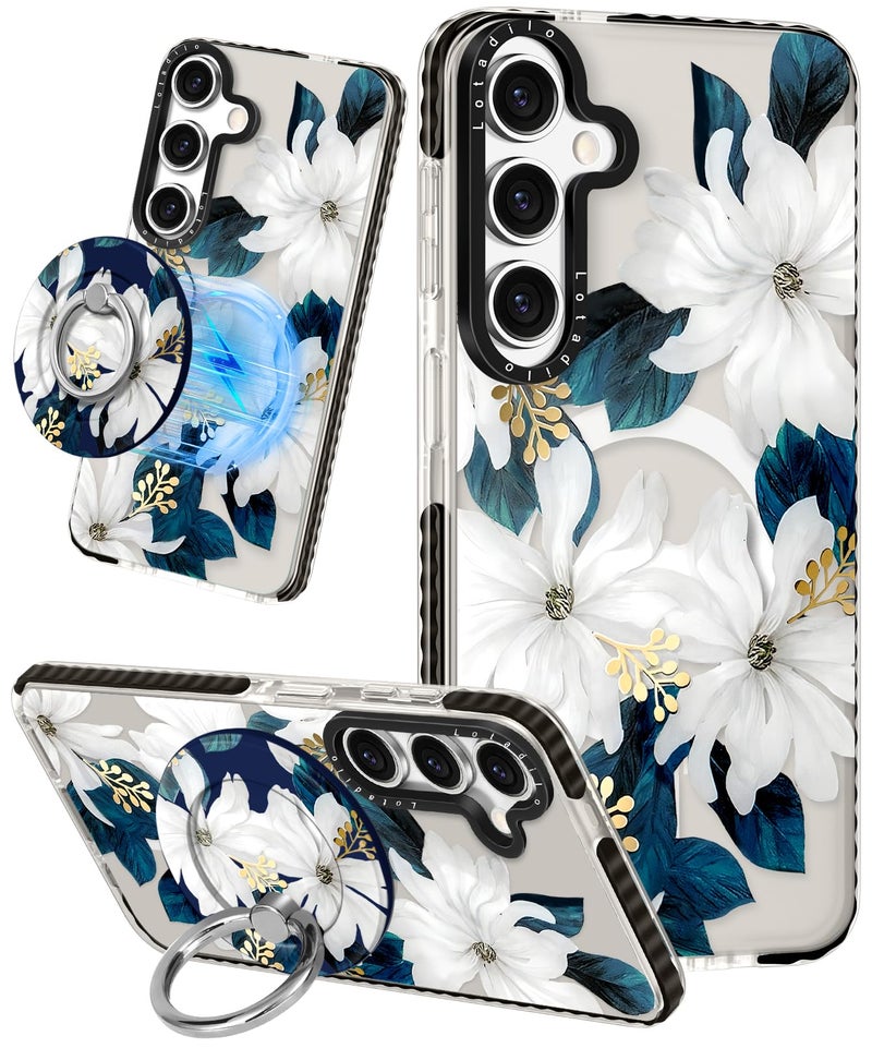 Lotadilo Cute Case for Samsung Galaxy S25 Plus for Women Girls - Funny Blue Flower Design Compatible with Magsafe Magnetic Ring Holder Kickstand Fashion TPU Phone Covers - Image 1