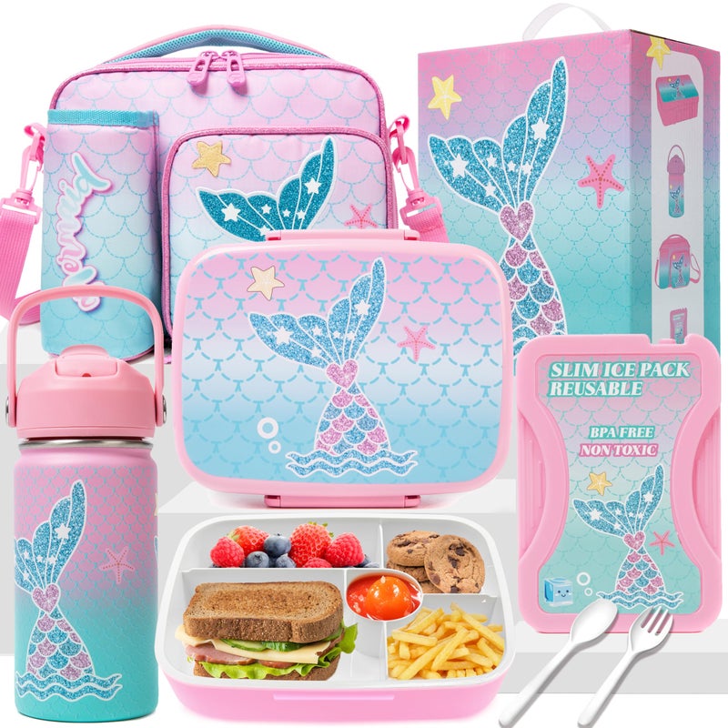 Oruiji Mermaid Bento Box for Kids Lunch Box for Girls Bento Lunch Box for Kids with 5 Compartments Stainless Steel Water Bottle Lunch Bag Ice Pack Set Back to School Supplies