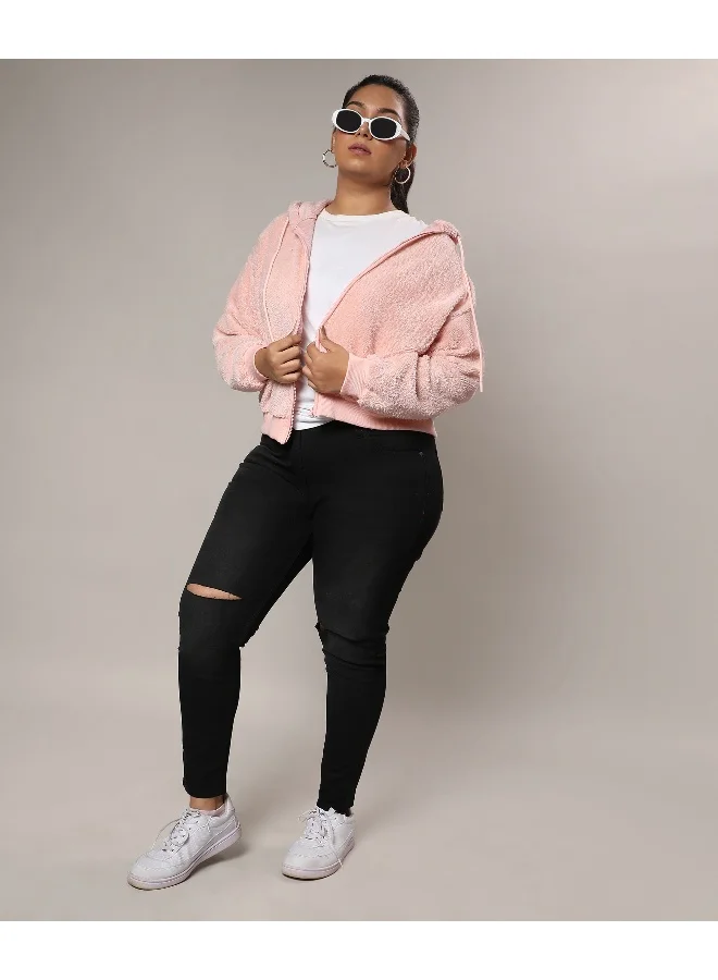 Instafab Plus Women's Baby Pink Furry Hoodie With Ribbed Hem