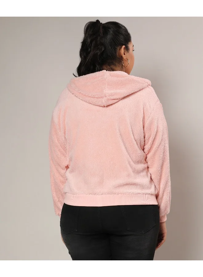 Instafab Plus Women's Baby Pink Furry Hoodie With Ribbed Hem