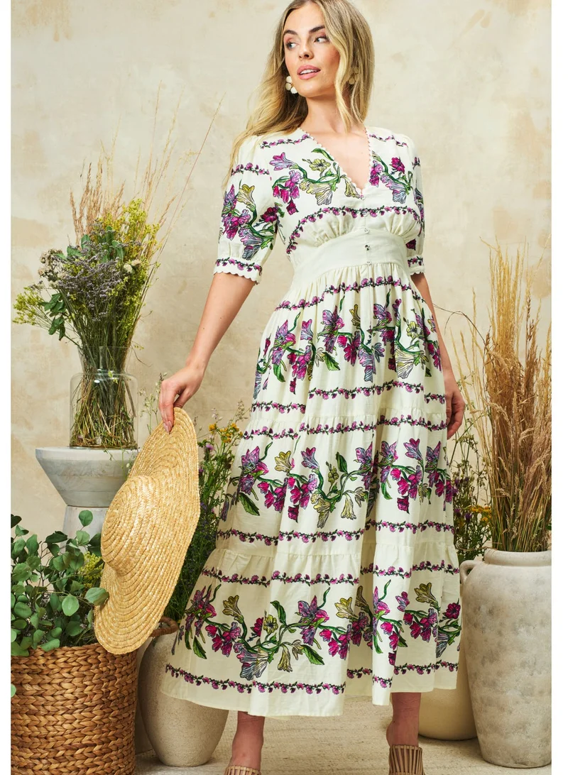 Hope & Ivy V-Neck Full-Skirt Tea Dress With Puff Sleeves