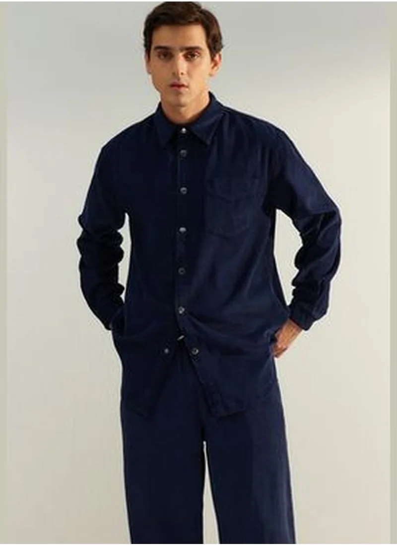 trendyol Limited Edition Navy Blue Men's Velvet Overshirt Shirt TMNAW24GO00049