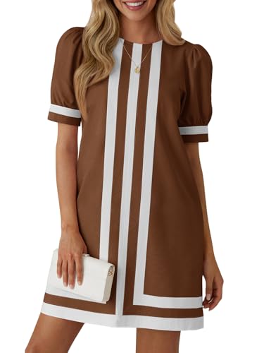 Wenrine Womens Puff Short Sleeve Mini Dress Summer Crewneck Striped Color Block Loose Casual Shift Dresses with Pockets Brown - Image 1