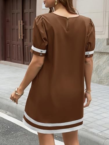 Wenrine Womens Puff Short Sleeve Mini Dress Summer Crewneck Striped Color Block Loose Casual Shift Dresses with Pockets Brown - Image 3