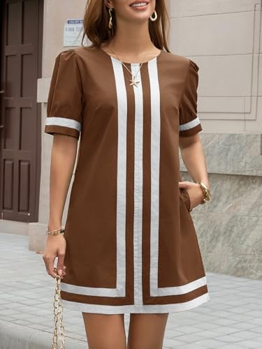 Wenrine Womens Puff Short Sleeve Mini Dress Summer Crewneck Striped Color Block Loose Casual Shift Dresses with Pockets Brown - Image 2