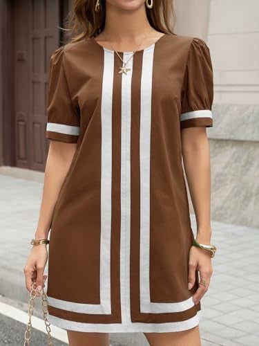 Wenrine Womens Puff Short Sleeve Mini Dress Summer Crewneck Striped Color Block Loose Casual Shift Dresses with Pockets Brown - Image 4