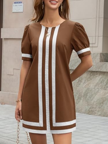Wenrine Womens Puff Short Sleeve Mini Dress Summer Crewneck Striped Color Block Loose Casual Shift Dresses with Pockets Brown - Image 5