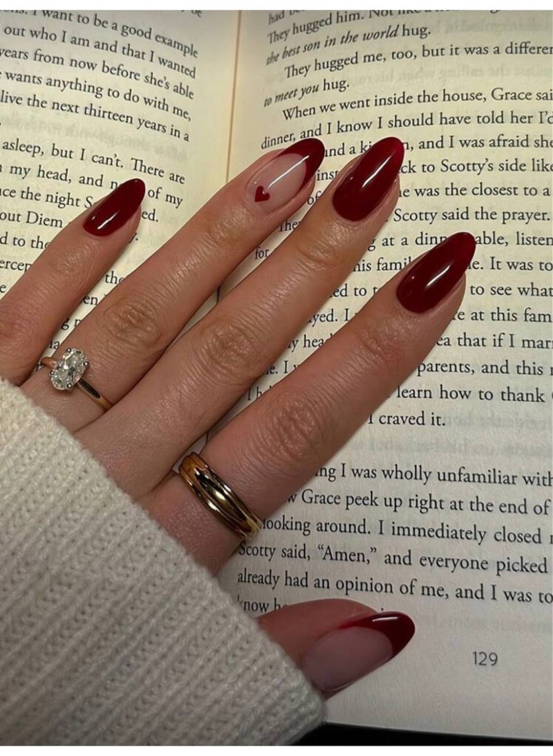كي آي 24 pieces from the press-on almond nails with romantic red French style with heart decal – possessing a dazzling shimmer effect with one piece of jelly glue and one piece of nail file, suitable for women's parties and dancing and the daily leisure times and wearing Valentine's Day for adding a romantic atmosphere, removable and reusable. - Image 1