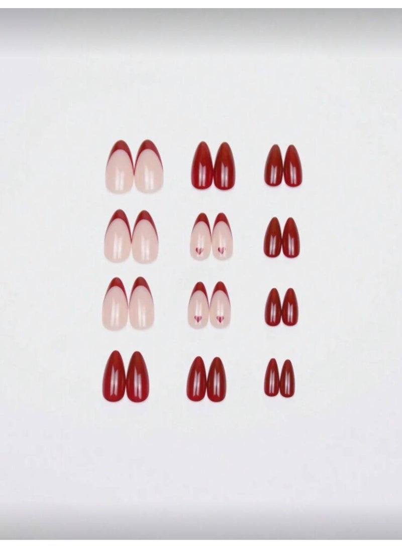 كي آي 24 pieces from the press-on almond nails with romantic red French style with heart decal – possessing a dazzling shimmer effect with one piece of jelly glue and one piece of nail file, suitable for women's parties and dancing and the daily leisure times and wearing Valentine's Day for adding a romantic atmosphere, removable and reusable. - Image 2