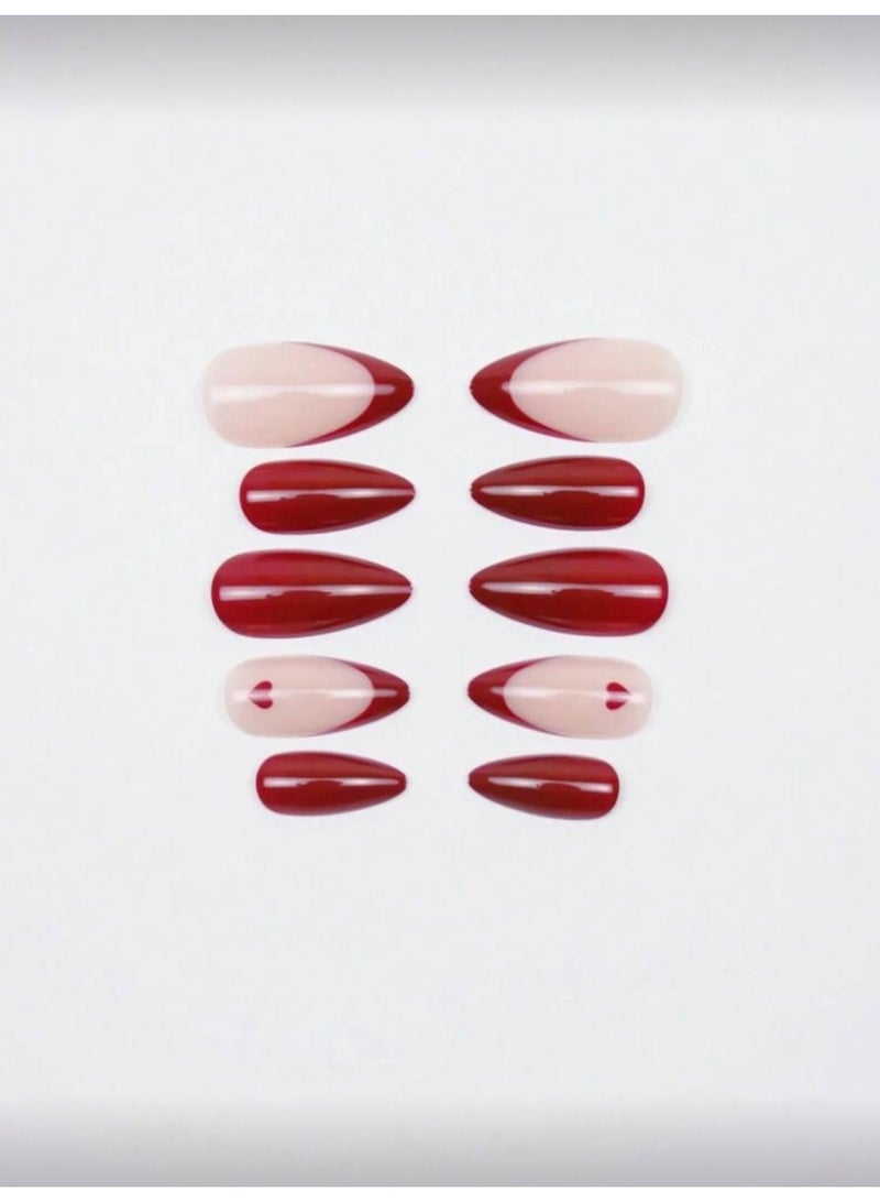 كي آي 24 pieces from the press-on almond nails with romantic red French style with heart decal – possessing a dazzling shimmer effect with one piece of jelly glue and one piece of nail file, suitable for women's parties and dancing and the daily leisure times and wearing Valentine's Day for adding a romantic atmosphere, removable and reusable. - Image 3