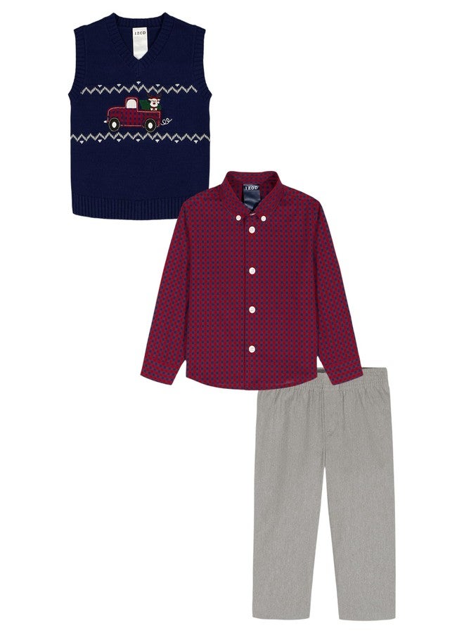 Izod Baby Boys' 3-Piece Sweater Set with Holiday Sweater Vest, Collared Button-Down Dress Shirt, and Pants, Navy Fairisle Truck, 12 Months - Image 2