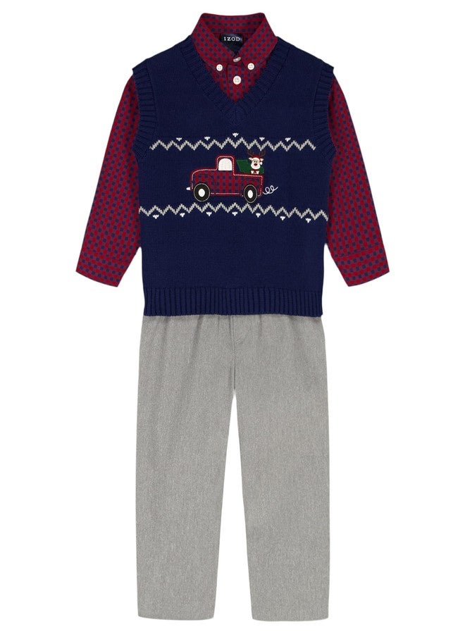 Izod Baby Boys' 3-Piece Sweater Set with Holiday Sweater Vest, Collared Button-Down Dress Shirt, and Pants, Navy Fairisle Truck, 12 Months - Image 1