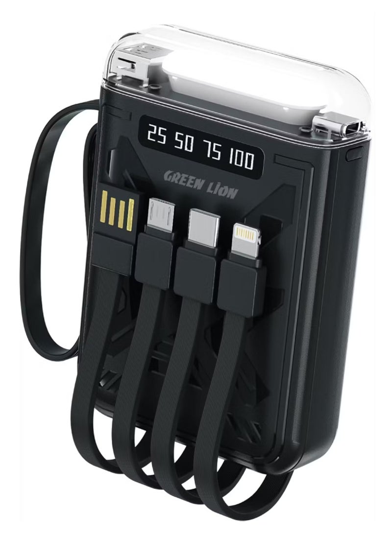 Green Lion Luma Pro 10000mAh Power Bank with Built in Cables (Type-C/Lightning/USB-A/Micro), LED Flashlight, Battery Indicator, Silicone Strap, For iPhone/iPad/Samsung/Huawei & more - Black - Image 1