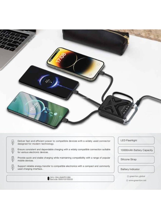 Green Lion Luma Pro 10000mAh Power Bank with Built in Cables (Type-C/Lightning/USB-A/Micro), LED Flashlight, Battery Indicator, Silicone Strap, For iPhone/iPad/Samsung/Huawei & more - Black - Image 3