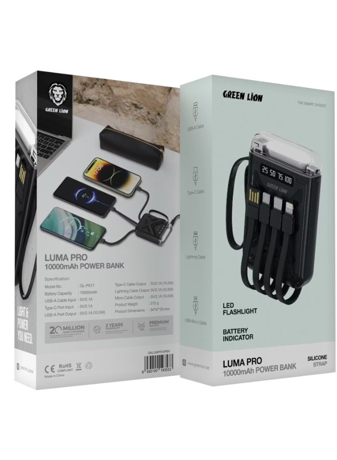 Green Lion Luma Pro 10000mAh Power Bank with Built in Cables (Type-C/Lightning/USB-A/Micro), LED Flashlight, Battery Indicator, Silicone Strap, For iPhone/iPad/Samsung/Huawei & more - Black - Image 5
