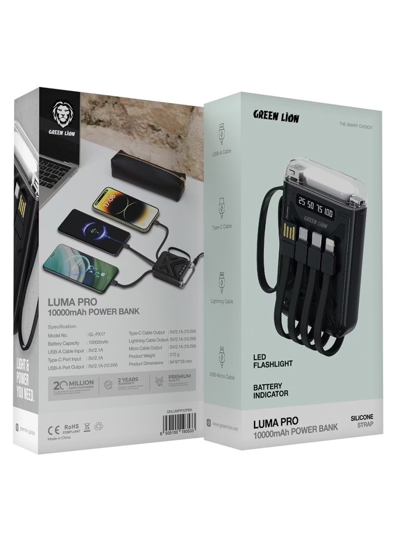 Green Lion Luma Pro 10000mAh Power Bank with Built in Cables (Type-C/Lightning/USB-A/Micro), LED Flashlight, Battery Indicator, Silicone Strap, For iPhone/iPad/Samsung/Huawei & more - Black - Image 2