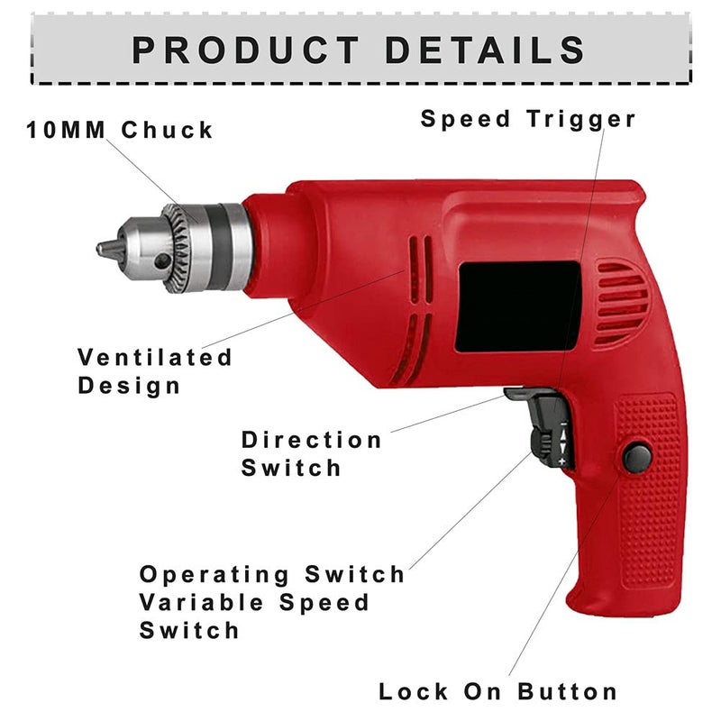 MLD Multifunction Handheld 10mm Electric Reversible variable speed Drill machine With 5Pcs HSS Drill Bit,Plier,tester,wrench,cutter,hammer,16Pcs Holesaw cutter,3pcs Step bit,6pcs Flat bit set - Image 2