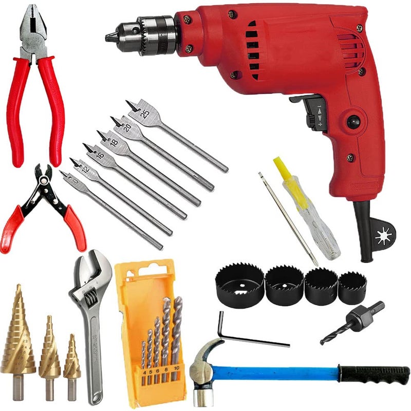 MLD Multifunction Handheld 10mm Electric Reversible variable speed Drill machine With 5Pcs HSS Drill Bit,Plier,tester,wrench,cutter,hammer,16Pcs Holesaw cutter,3pcs Step bit,6pcs Flat bit set - Image 1